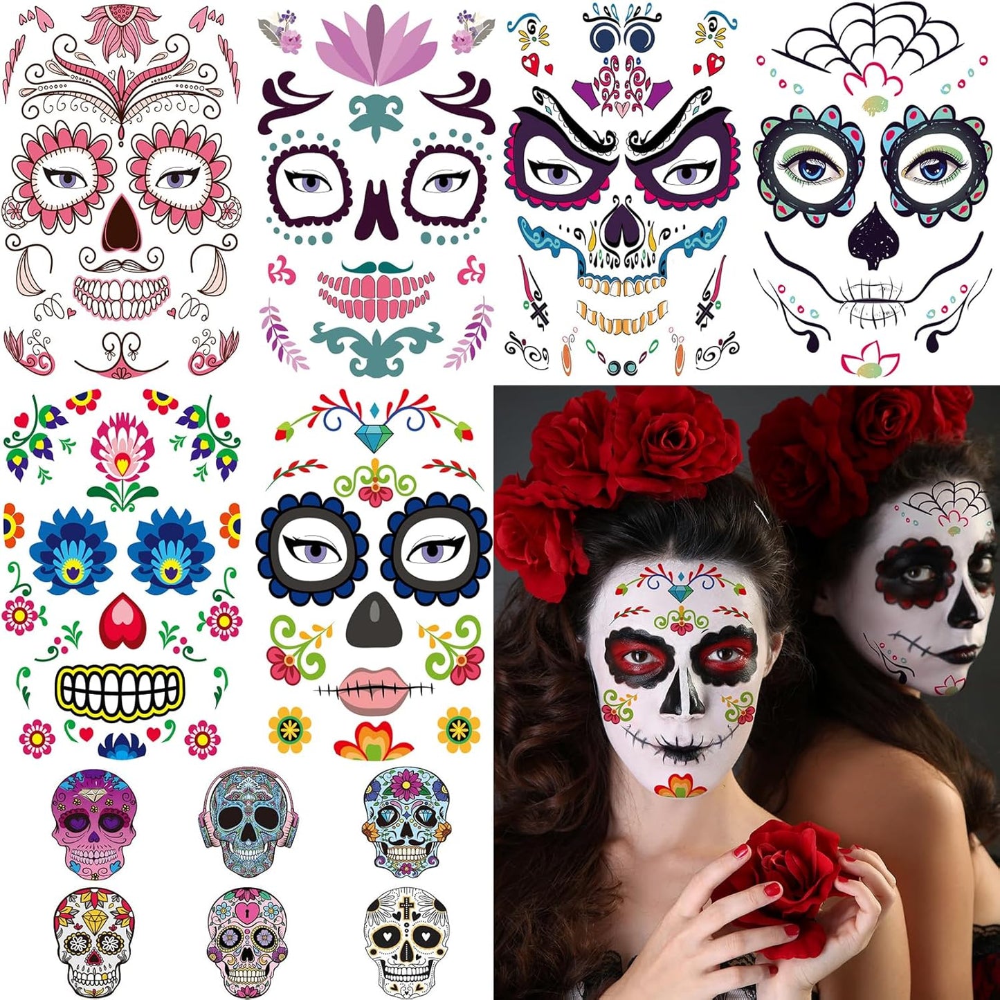 12 Sheets Halloween Face Tattoos - Day of the Dead Sugar Skull Designs | Large Temporary Tattoos