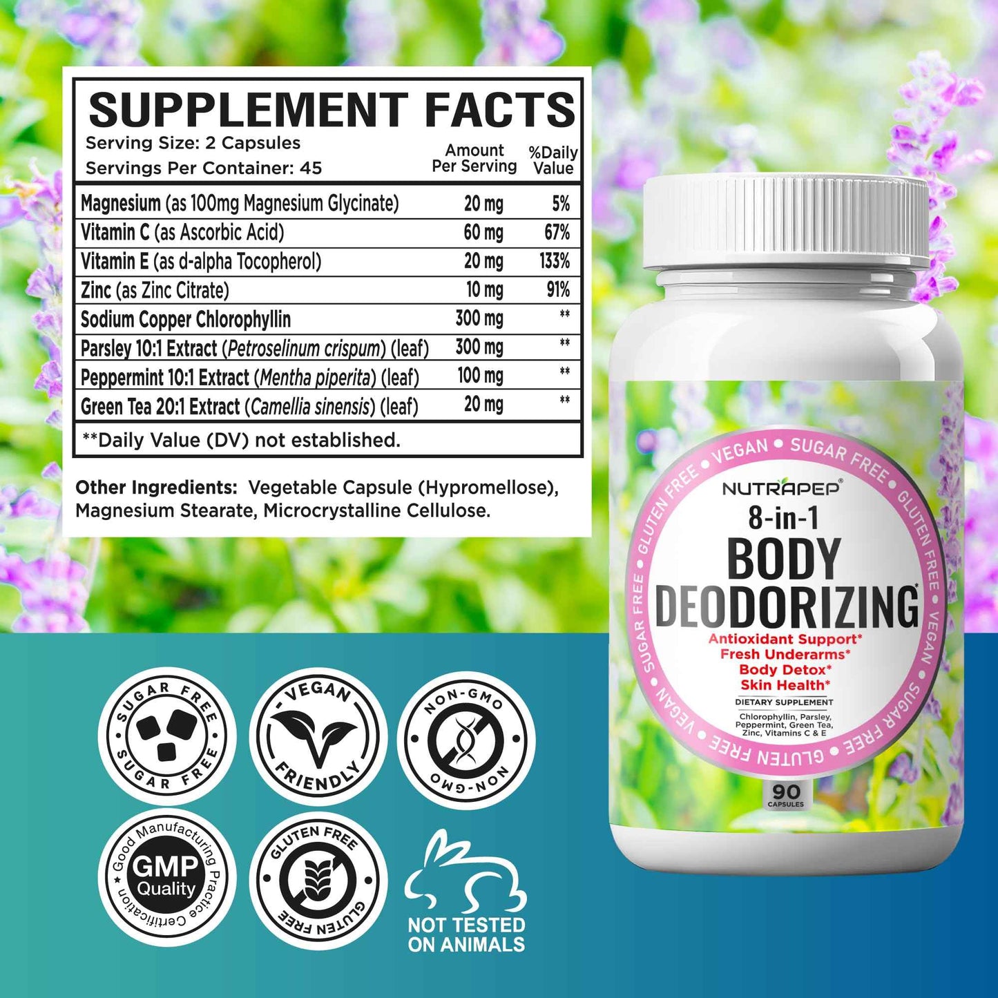 NutraPep Body Deodorizing Supplement - Odor Eliminator & Internal Deodorant Pills for Fresh Breath Skin Health & Detox - Full Body Deodorizer Capsules with Chlorophyll Complex Vitamins for Women Men