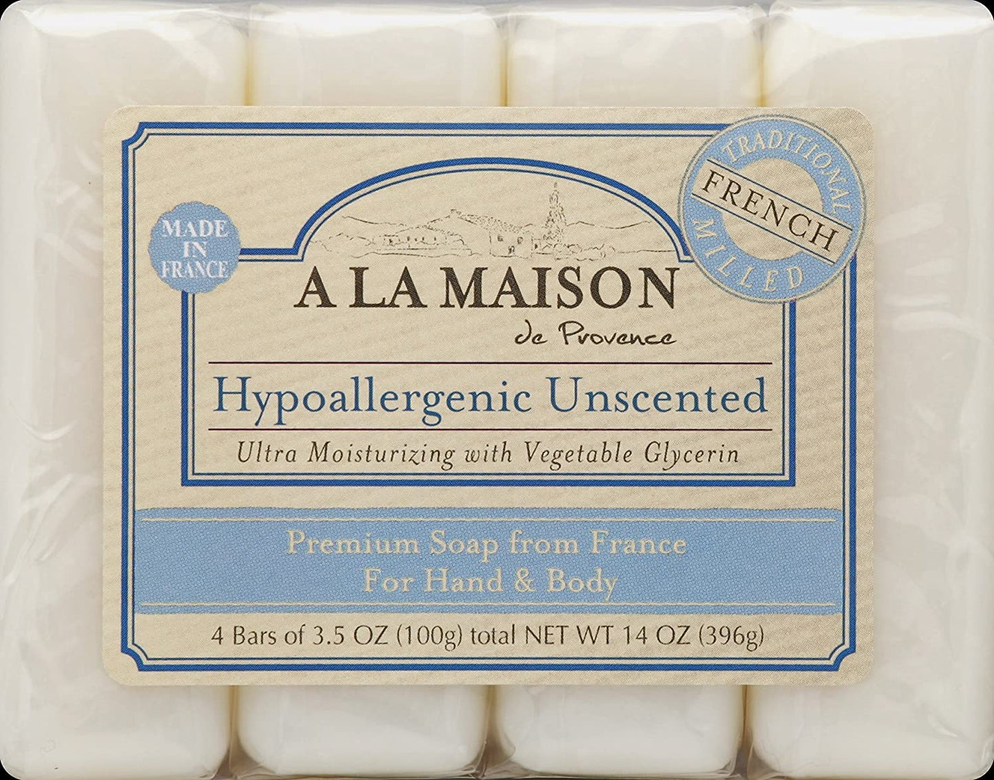 A LA MAISON Hypoallergenic Unscented Bar Soap - Triple French Milled Natural Moisturizing Hand Soap Bar (8 Bars of Soap, 3.5 oz)