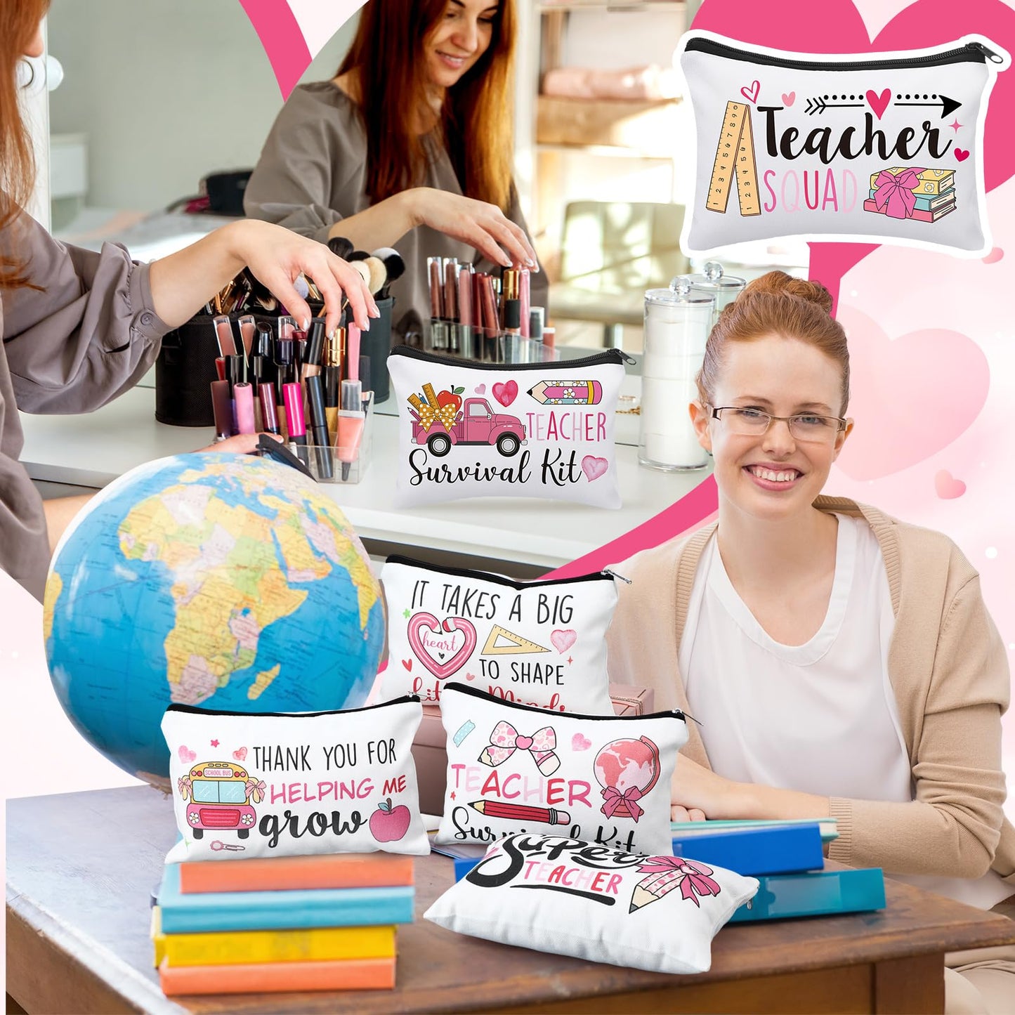 Irenare 30 Pcs Teacher Gift Bulk for Women Makeup Bags Teacher Week Canvas Cosmetic Pencil Pouch Zippered Toiletry Bags Appreciation Thank You Gifts for Teachers