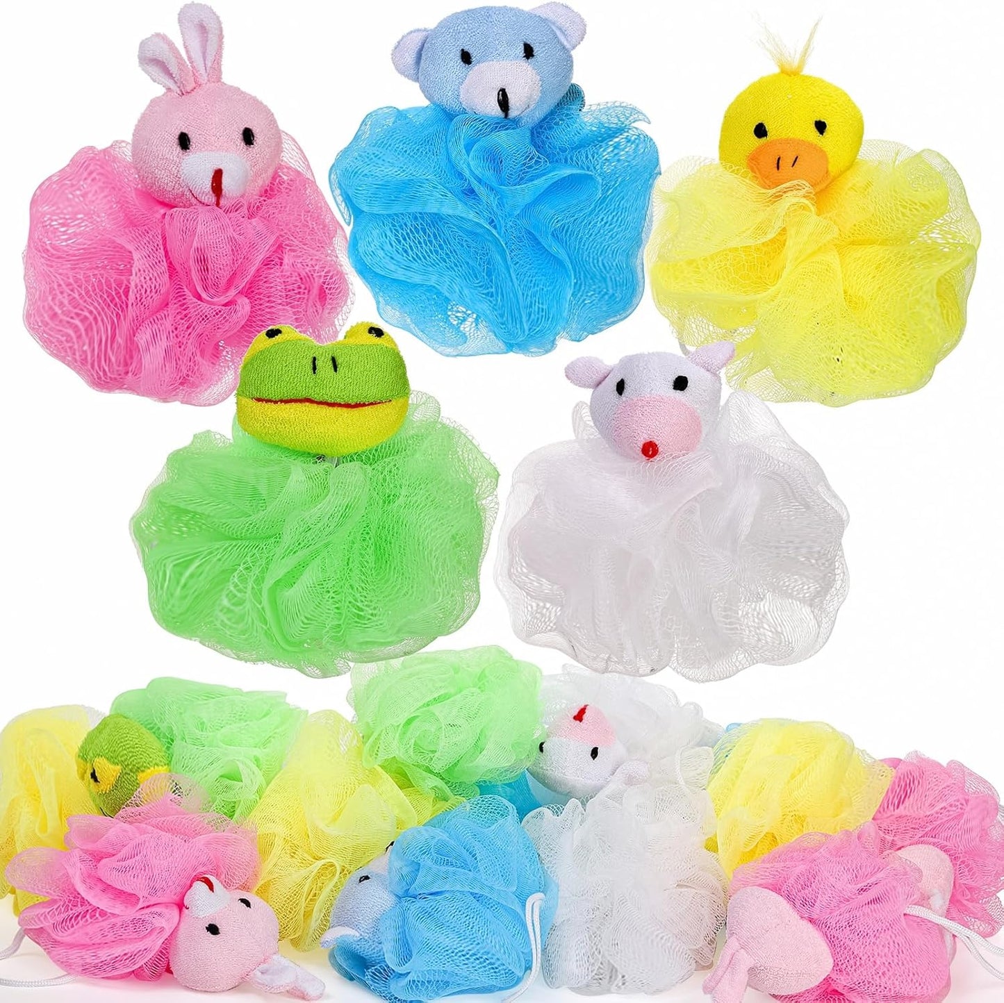 Kids Bath Loofahs - 15 Pack Cute Cartoon Animal Exfoliating Sponges | Small Travel Shower Poufs