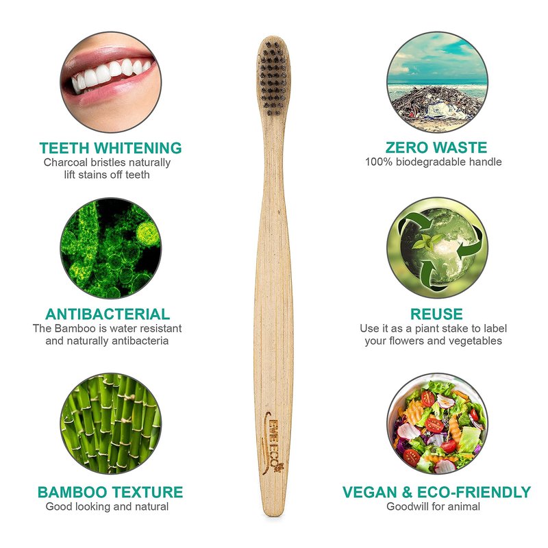 EveEco 48 Count (4 Boxes of 12) Bamboo Toothbrush I Soft Bristles Best for Sensitive Gums I Charcoal I Vegan I Natural Wood I BPA Fee I Recyclable I Compostable I Biodegradable
