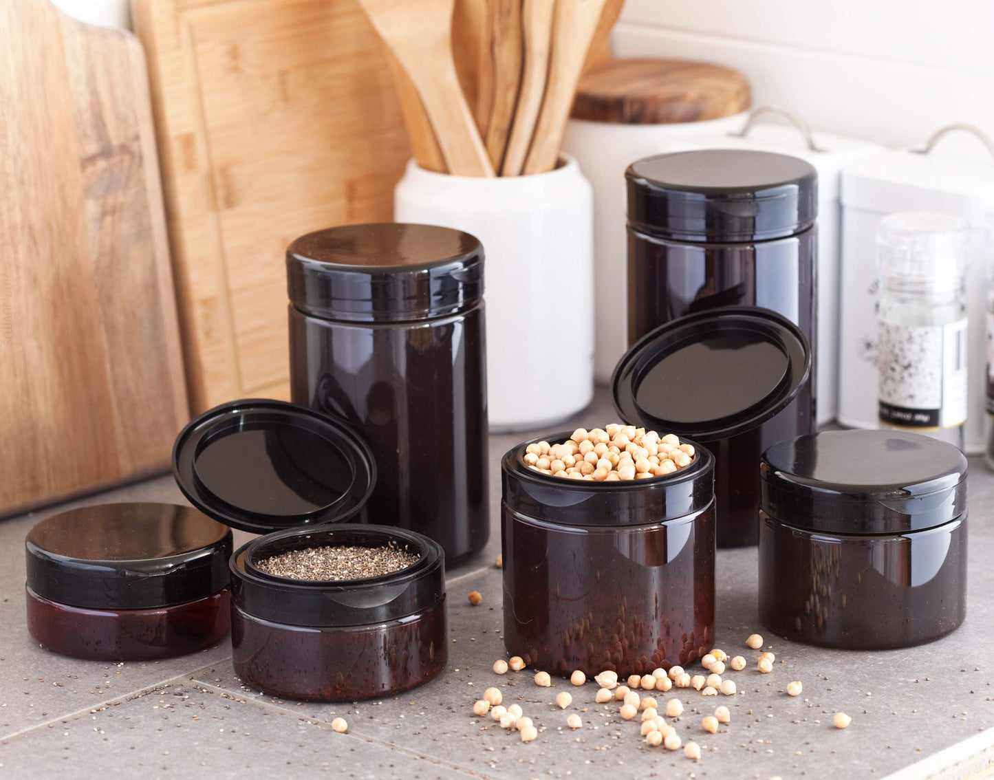 (6 Pack) 8 oz Amber Plastic Low Profile Jar with Wide Mouth Black Flip Top
