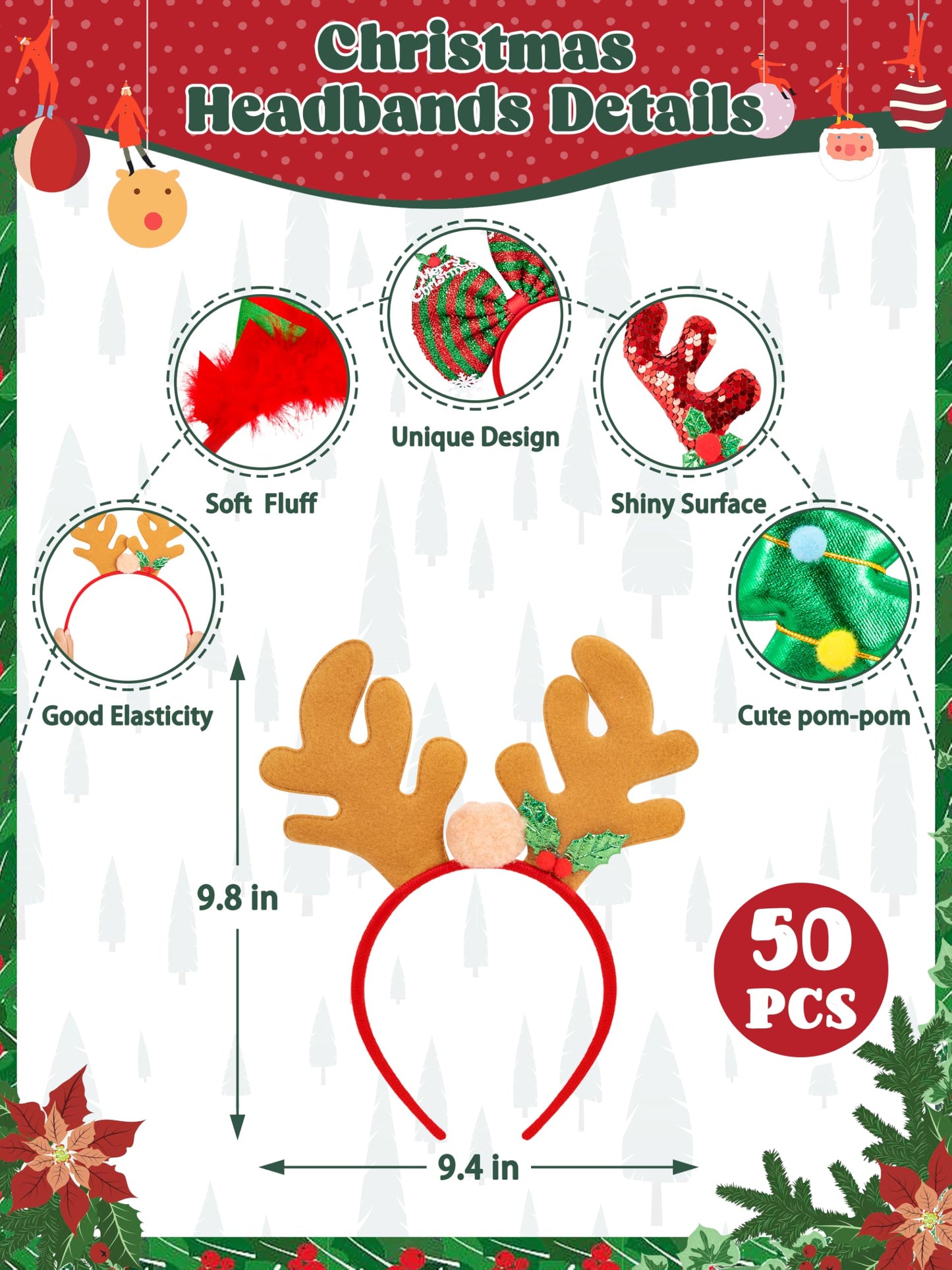 HOVACY 50 Pcs Christmas Headbands, Christmas Headband, Quality Felt Xmas Headbands for Women for Xmas Decorations