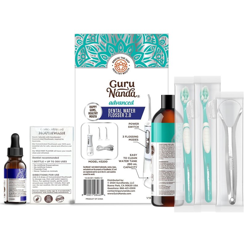 GuruNanda Gums of Steel Kit – Advanced Dental Water Flosser (UV Mode), Concentrated Mouthwash, Cocomint Pulling Oil, Butter on Gums Toothbrush & Tongue Scraper for Overall Oral Hygiene
