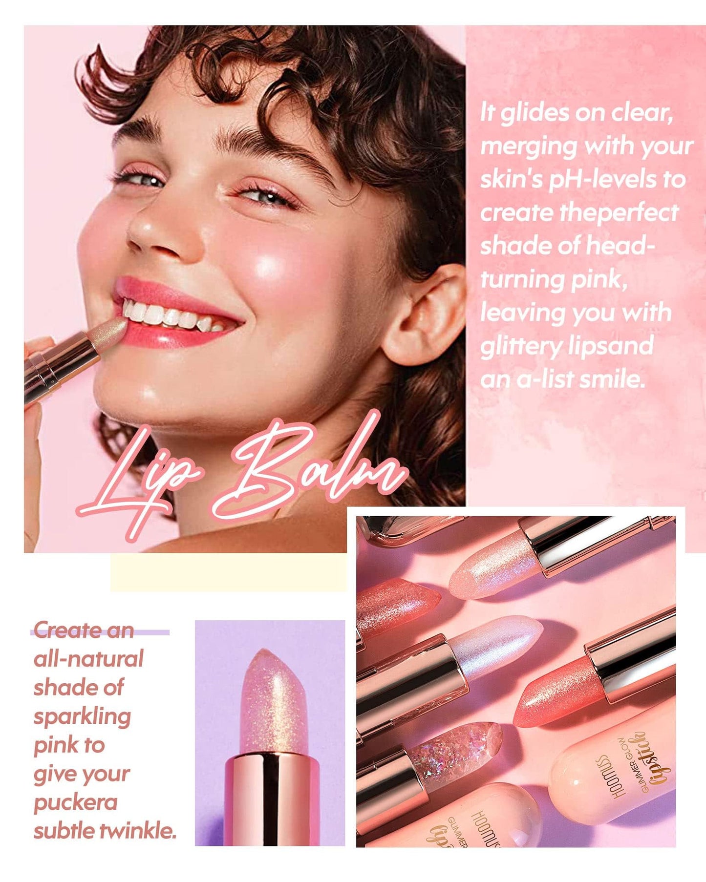 HOOMUSS Glimmer Balm Tinted Lip Balm Moisture Hydrate lipsticks PH Lipstick, Color Changing Lipstick Natural Chapstick Glitter Pink Lip Gloss, 3pack
