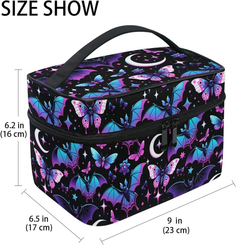 Makeup Organizer Bag - Neon Purple with Bats, Stars & Moons | Travel Cosmetic Case for Women & Teens