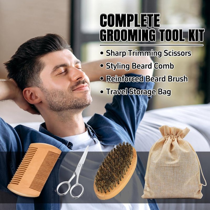 Beard Straightener Grooming Kit for Men | 2-Pack Growth Oil, Natural Balm, Comb & Scissors - Travel-Friendly, Auto Shut-Off