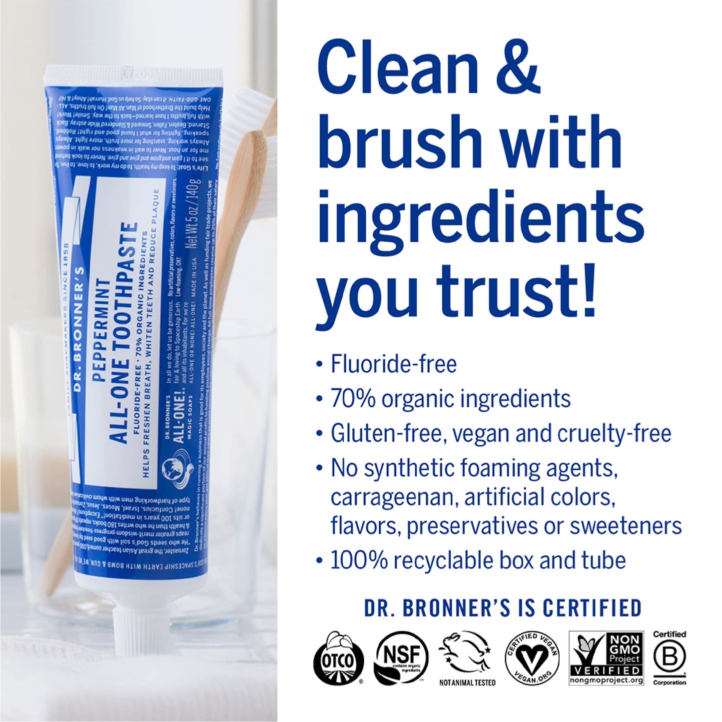 Dr. Bronner’s All-One Toothpaste– Peppermint & Spearmint, 5 oz, 2-Pack– Fluoride-Free Toothpaste for Adults, 70% Organic & Natural Ingredients, Vegan, Helps Freshen Breath, Reduce Plaque, Whiten Teeth