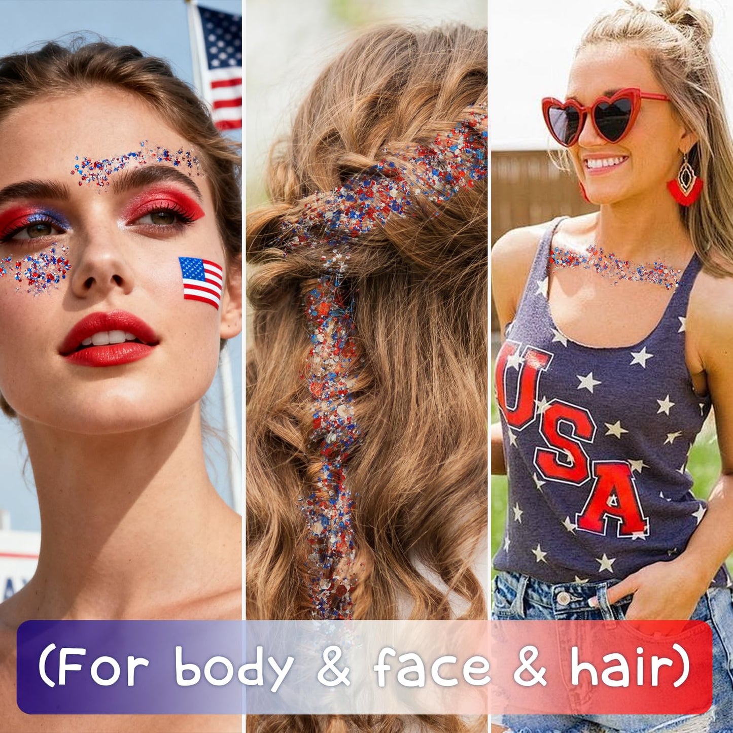Patriotic Body Glitter Stick, Waterproof Face Glitter Gel, Chunky Glitter Face Paint, 4th of July Red White Blue Sequin Hair Glitter Makeup for American Pride USA Flag Makeup for Independence Day