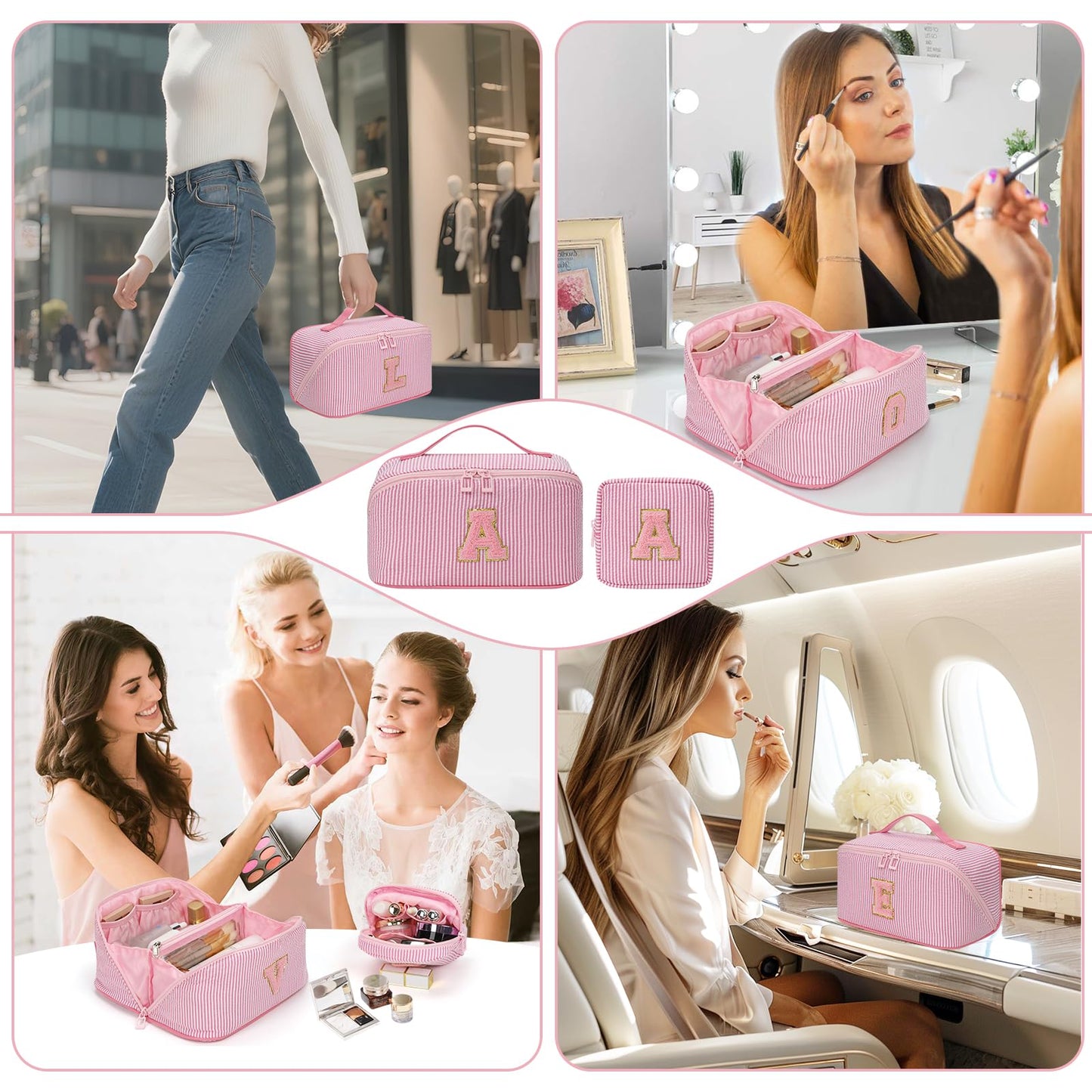 2026 Graduation Gifts - Travel Makeup Bag for Women, 2Pcs Portable Personalized Initial Makeup Organizer Bag, Open Flat Large Cosmetic Bag With Travel Essential Pouch (Pink Letter R)