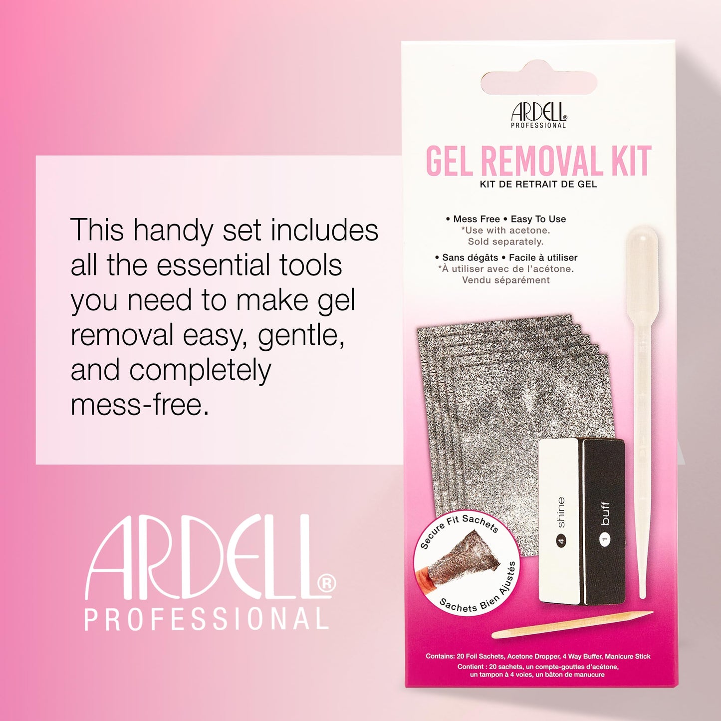 Ardell Gel Nail Polish Remover Kit – Easy At-Home Soak Off Gel for Nails with Foil Nail Wraps, Buffer, Dropper & Stick, 20 Nail Foil Wraps