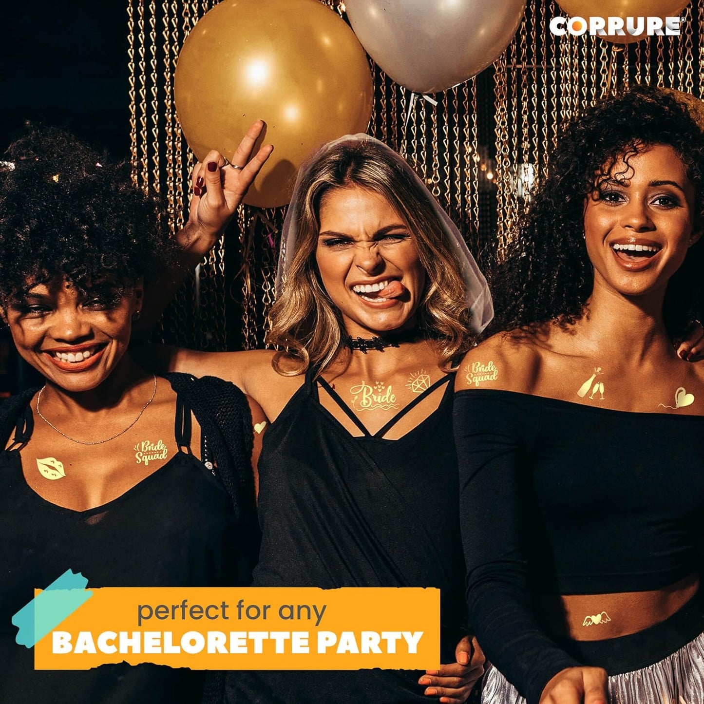 CORRURE Bachelorette Tattoos - 38pcs Gold Temporary Metallic Tattoo Stickers for Bridesmaids and Bride Tribe - Bachelorette Party Decorations, Bridal Party Favors, Games and Women Accessories