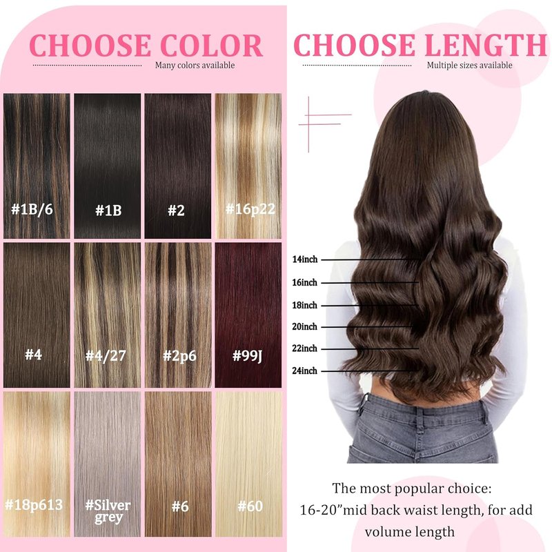 Real Human Hair Clip-In Extensions - Seamless Invisible 8Pcs Double Weft Dark Brown 14 Inch 80g