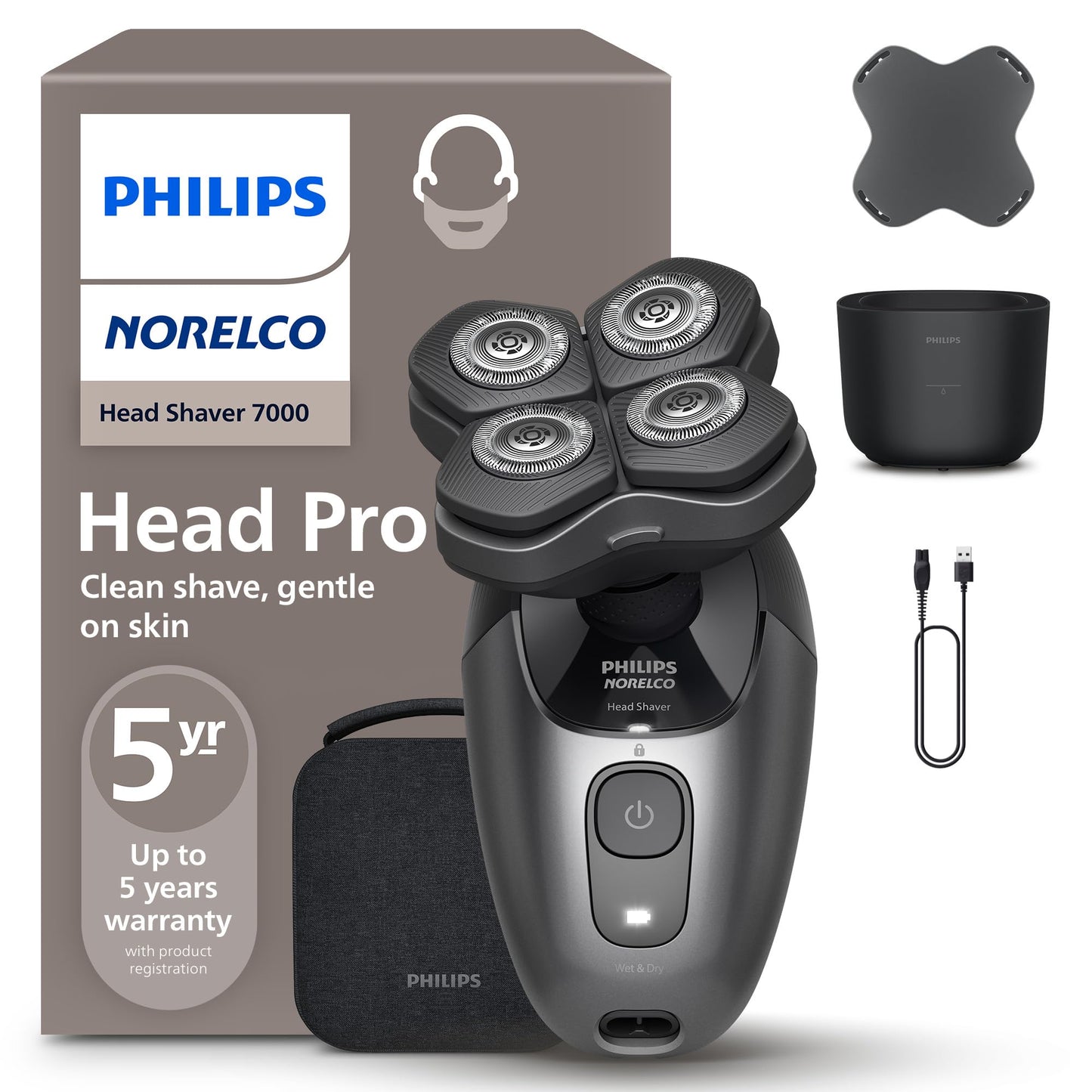 Philips Norelco Head Shaver Pro 7000 Series - Electric Shaver for Men and Women, 360° Flexing Head & ComfortCut Blades for Clean Shave, Gentle on Skin, Model HS7980/40