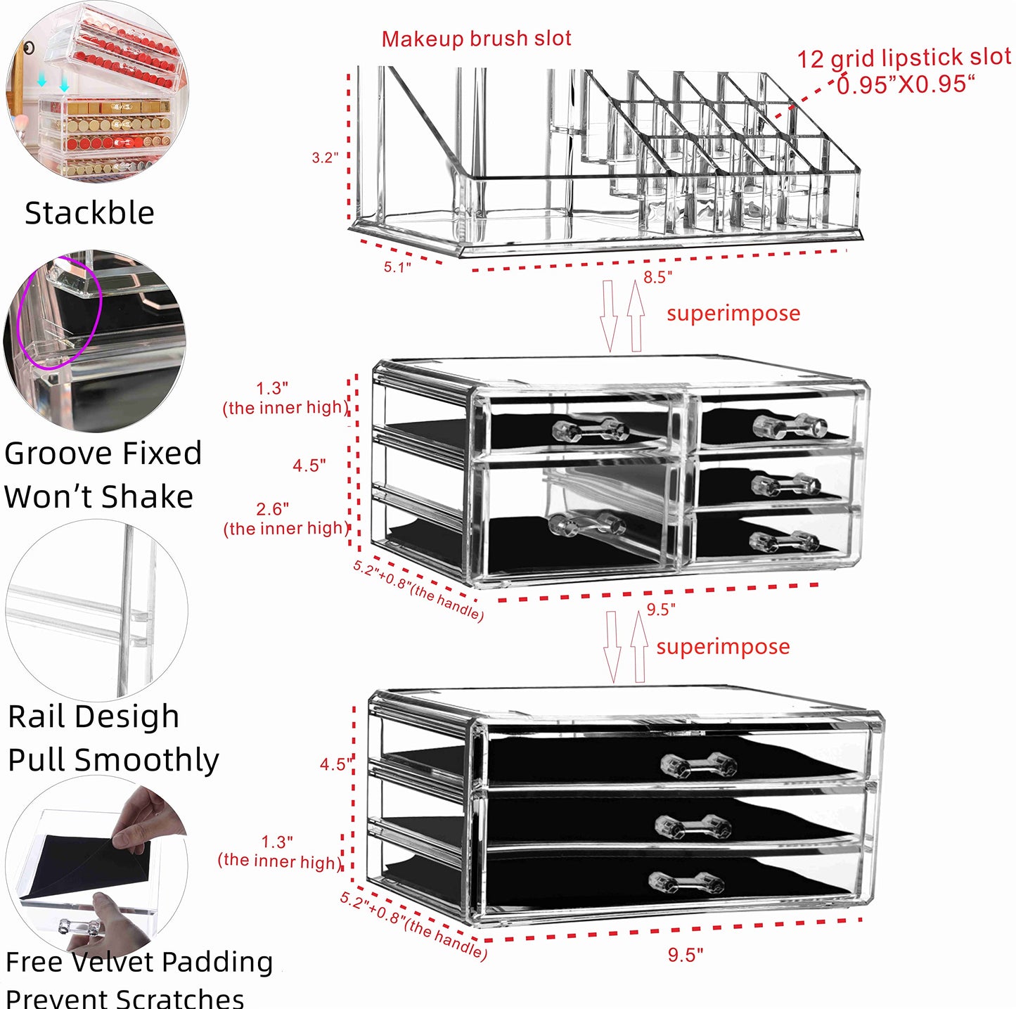 Cq acrylic Clear Makeup Organizer And Storage Stackable Large Skin Care Cosmetic Display Case With 8 Drawers Make up Stands For Jewelry Hair Accessories Beauty Skincare Product Organizing,Set of 3
