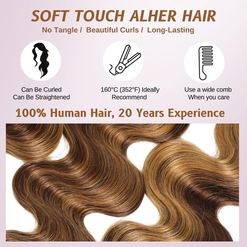 ALHER 4/27 Honey Blonde Highlight Body Wave Ombre Human Hair Bundle 16 Inch Brown Colored Bundles 12A 100% Brazilian Virgin Remy Human Hair Soft Wavy Weave 4/27 Highlight Color