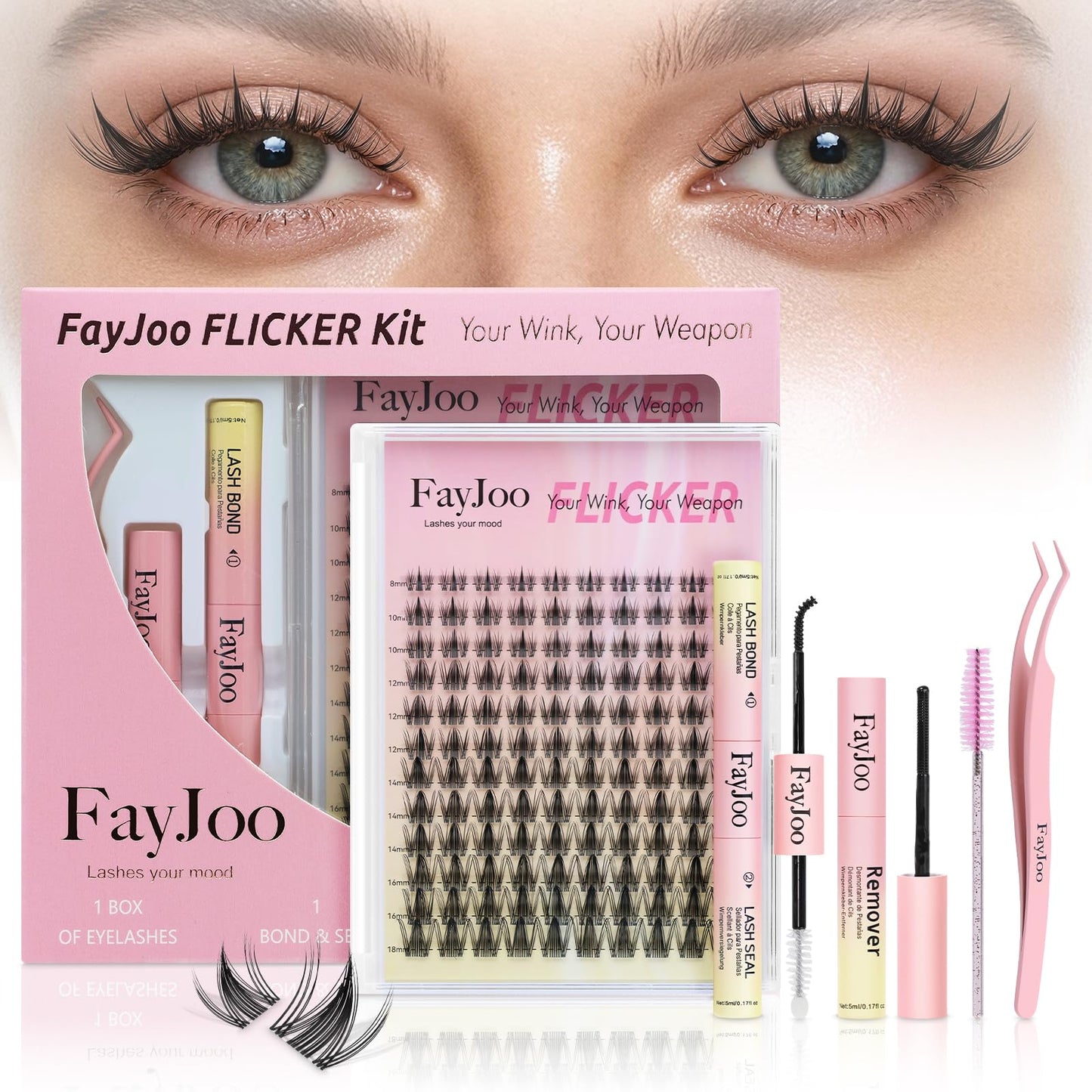 FayJoo Manga Lash Clusters Kit with Invisible Band Wispy Spiky Eyelash Extensions for Natural Look German BASF Fiber C Curl Individual Lashes DIY Anime False Eyelashes, Bond & Seal, Remover (8-18mm)