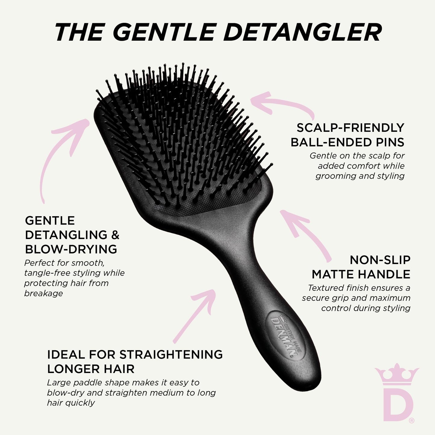 Denman (Black) Large Paddle Cushion Hair Brush for Blow Drying & Detangling - Comfortable Styling, Straightening & Smoothing - For Women and Men, D83