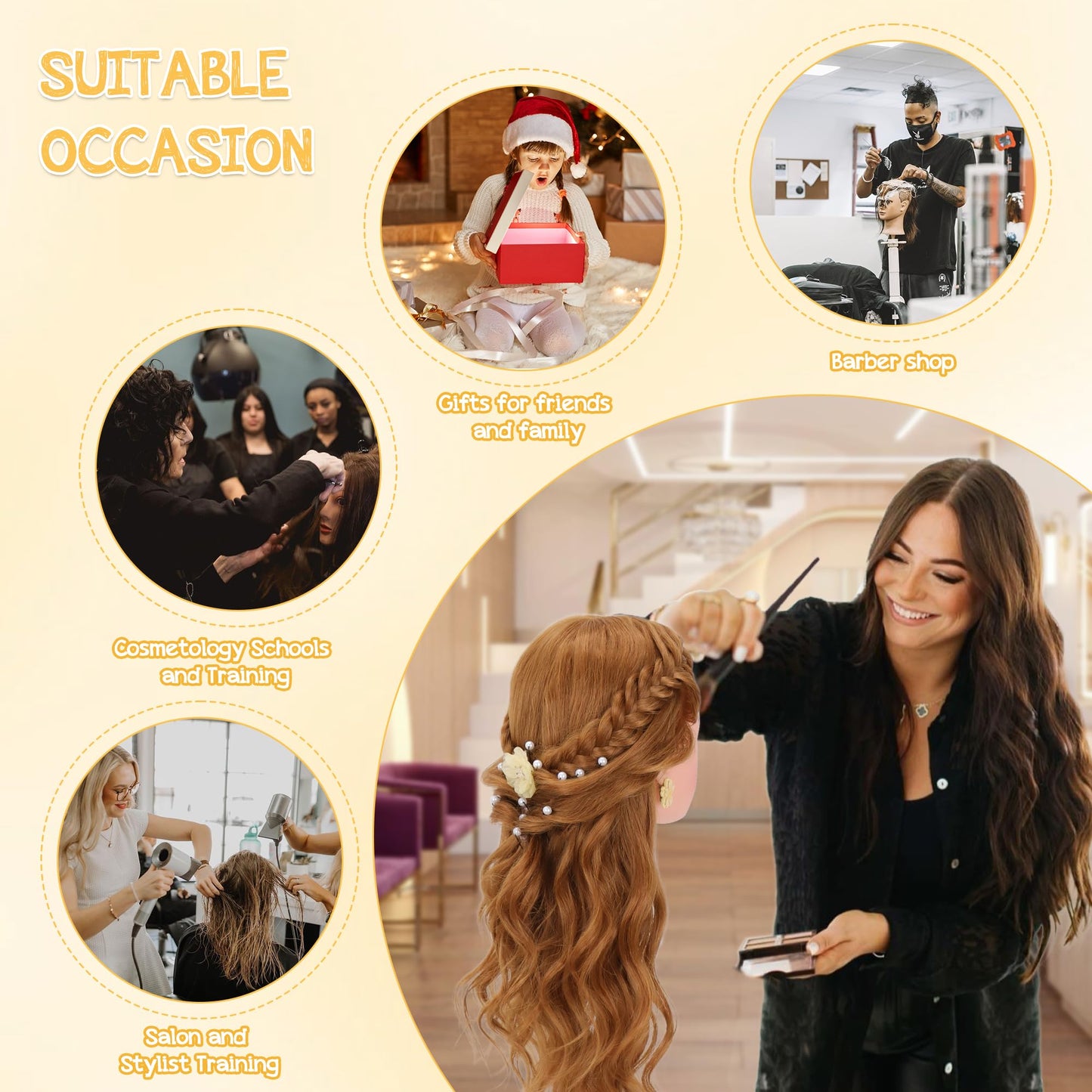Mannequin Head with 80% Human Hair 26-28’’,Cosmetology Mannequin Practice Head with Human Hair, Doll Head for Braiding Hairstyling Cutting with Clamp Holder and Tools