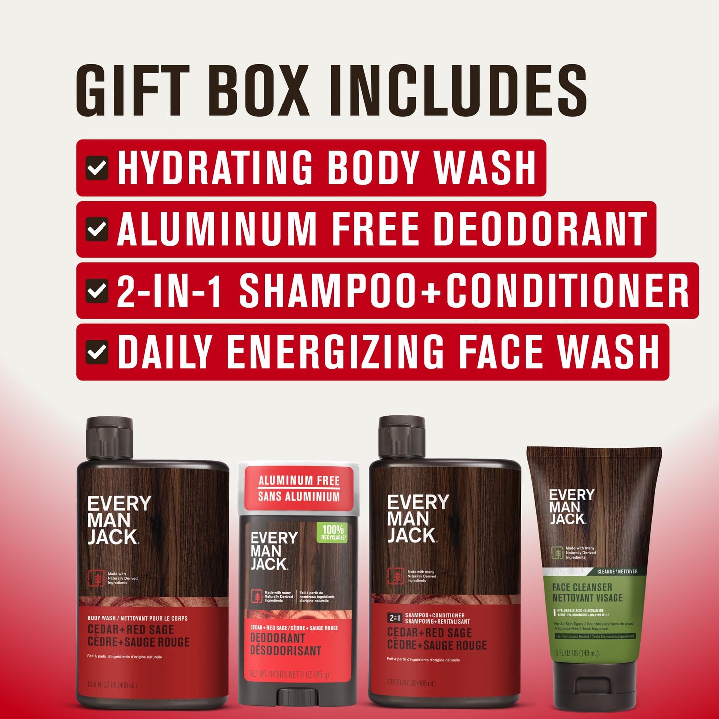 Every Man Jack Men's Bath and Body Gift Set - Cedar & Red Sage Scent - Clean Ingredients - Includes Hydrating Body Wash, 2-in-1 Shampoo, Aluminum-free Deodorant & Face Wash