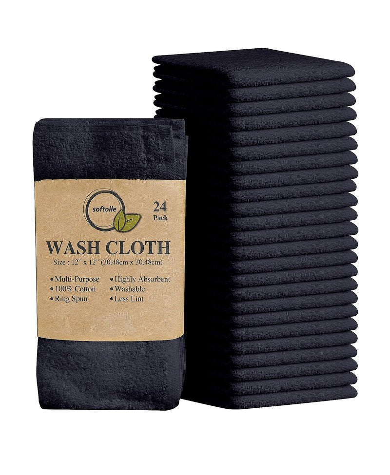 Softolle 100% Cotton Washcloths 24 Pack (12x12 Inches) Soft, Highly Absorbent Washcloth, Face Towels, Wash Cloths for Face, Ring Spun, Bulk Pack (Grey)