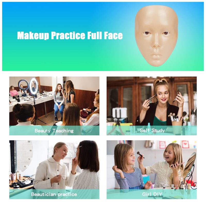 Bueuo Makeup Practice Face, 5D Reusable Silicone Make up Practice Board Mannequin Face with Makeup Brushes Sponge Set and Eyeshadow Board Kit for Emerging Artist, Girl's Gift, White