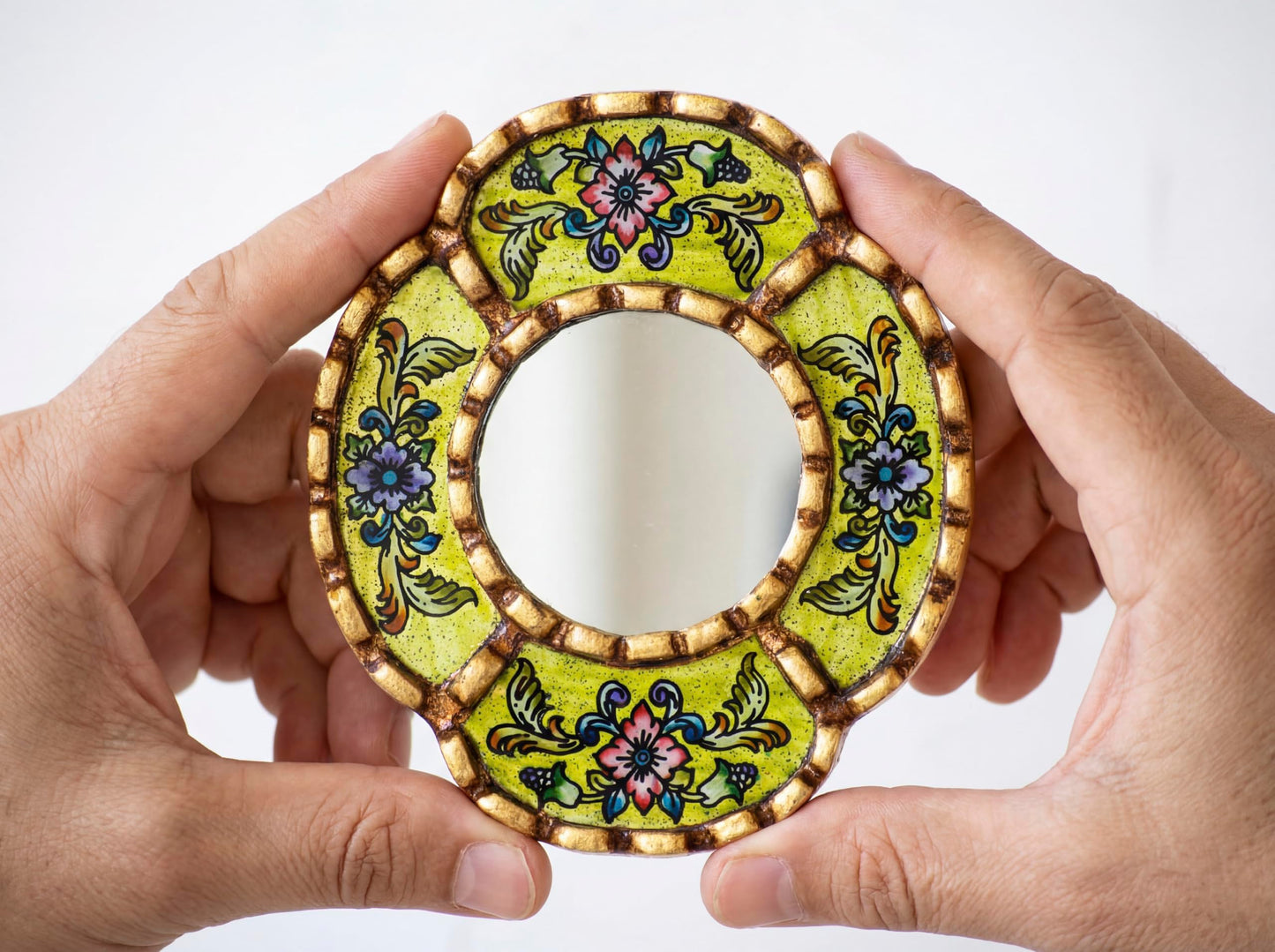 DecorContreras Small Oval Wall Mirror for Home Decor - Handmade Reverse Painted Glass Mirror with Frame Bronze Leaf from Peru