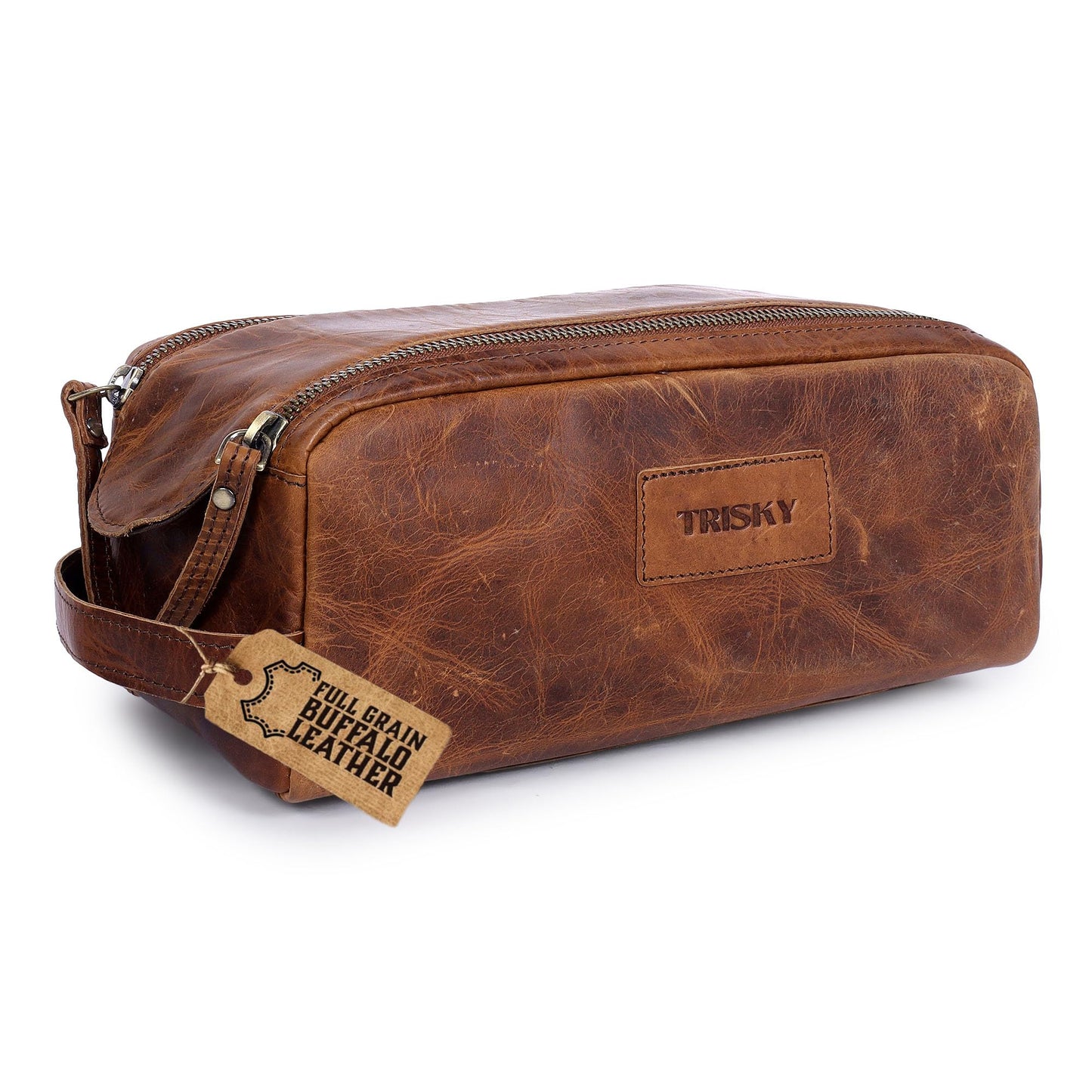 TRISKY Buffalo Leather Toiletry Bag For Men & Women- Grooming Bag For Men, Travel Pouch With Water Resistant Lining, Leather Toiletry Bags For Mens, King-size Handcrafted - Tan