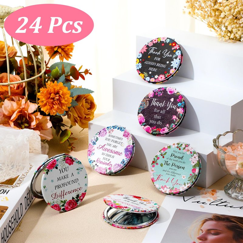 Pinkunn 24 Pcs Thank You Teacher Gifts Inspirational Compact Mirror Appreciation Gift Handheld Double Sided Magnifying Round Portable Pocket Small Travel Makeup Purse Mirror for Women Girl Coworker