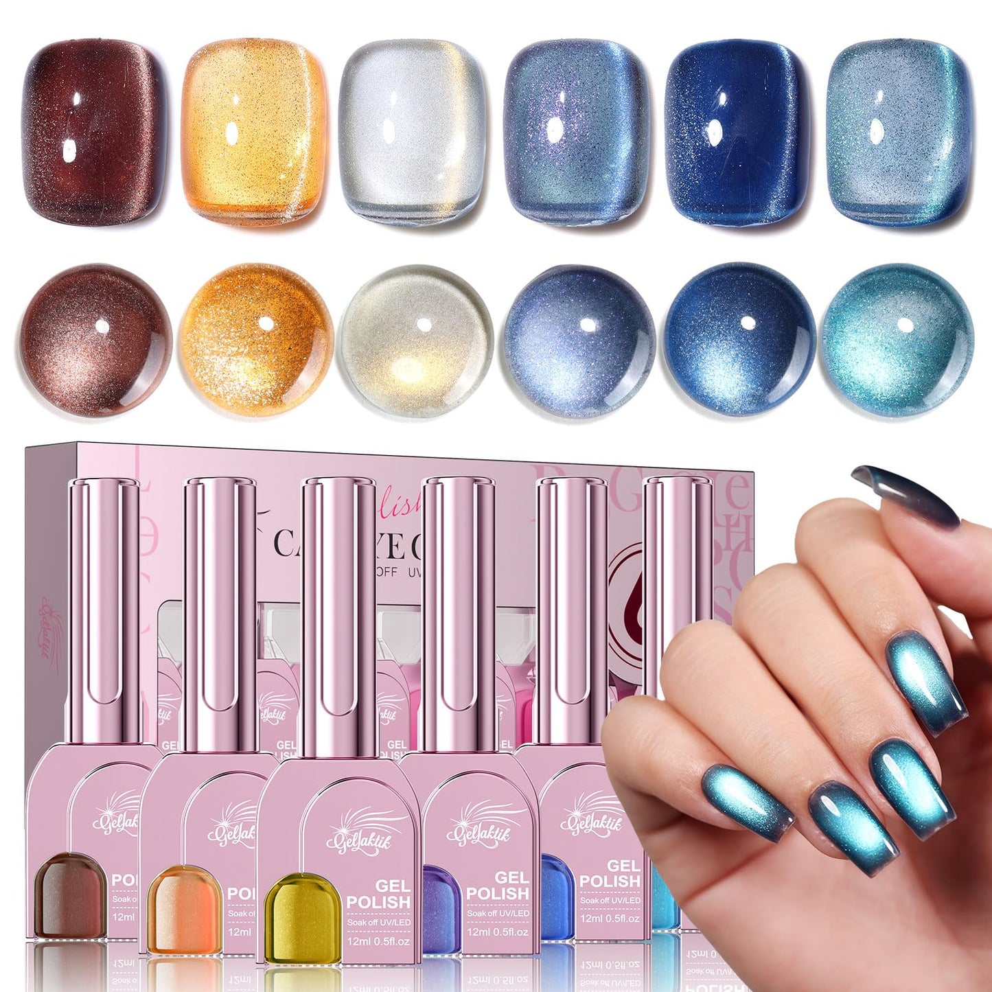 GELLAKTIK 9D Glassy Cat Eye Gel Nail Polish Set 6 Colors 12ML with Magnet