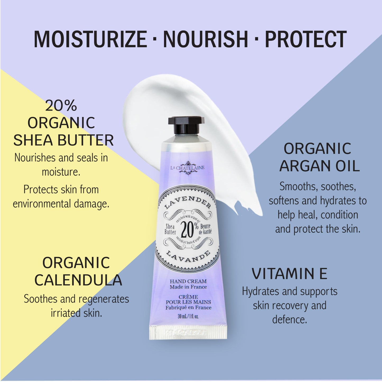 La Chatelaine Lavender Triple Milled Bar Soap and 20% Shea Butter Hand Cream Gift Set, Gift for Mom, Decorative Tin, Plant-Based, Natural & Organic, Made in France (7 oz. soap bar, 1 oz. hand lotion)