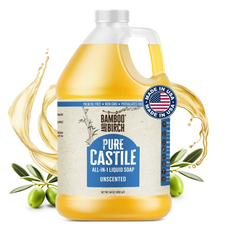 BAMBOO AND BIRCH Pure Castile Soap Liquid, Certified Palm Oil Free Natural Soap, Unscented, 1 Gallon