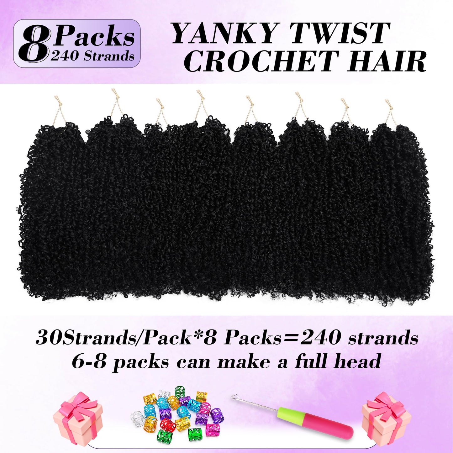 Yanky Twist Crochet Hair for black women 12 Inch 8 Packs 30 Stands/Pc,Pre-looped Fluffy Spring Mini Twist Passion Twist Natural Black Synthetic Crochet Braids Braiding Hair(12 Inch, 1B-8P)