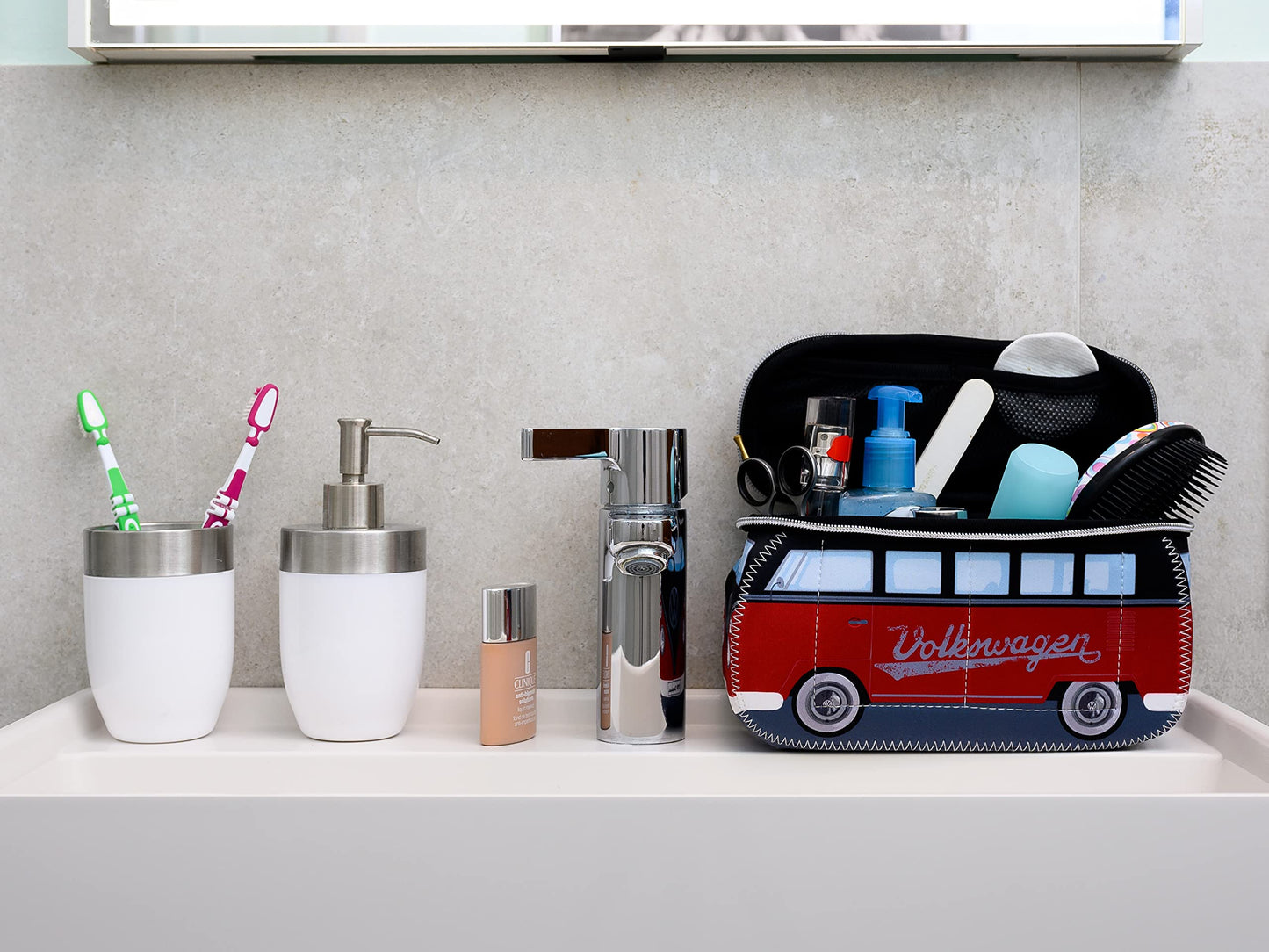 BRISA VW Collection - Volkswagen Neoprene Universal Makeup Cosmetics Toiletry Travel Pharmacy Bag in T1 Bus Design (Red/Black) (Small (9.1 x 4.3 x 3.1 inches))