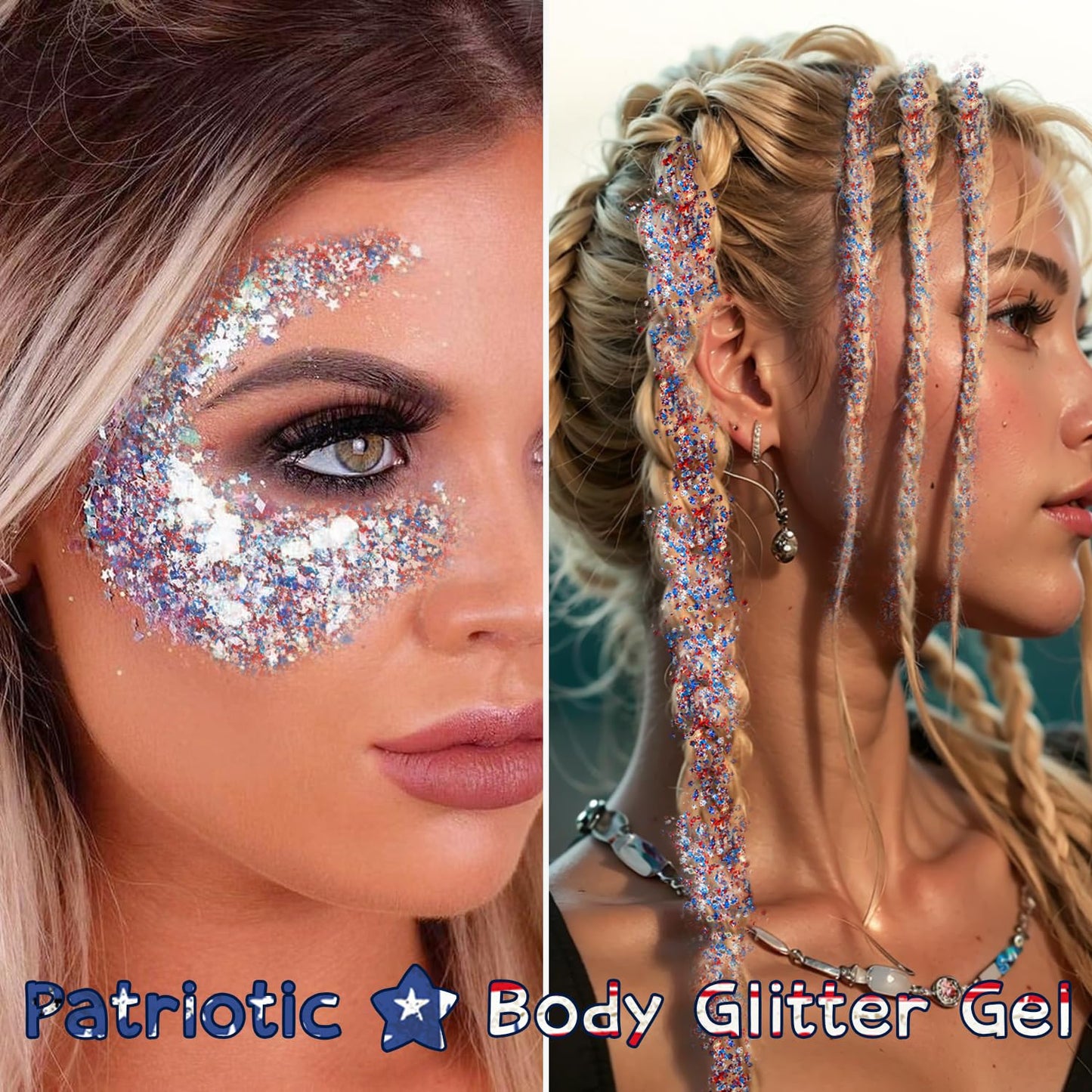 Patriotic Body Glitter Stick, Waterproof Face Glitter Gel, Chunky Glitter Face Paint, 4th of July Red White Blue Sequin Hair Glitter Makeup for American Pride USA Flag Makeup for Independence Day