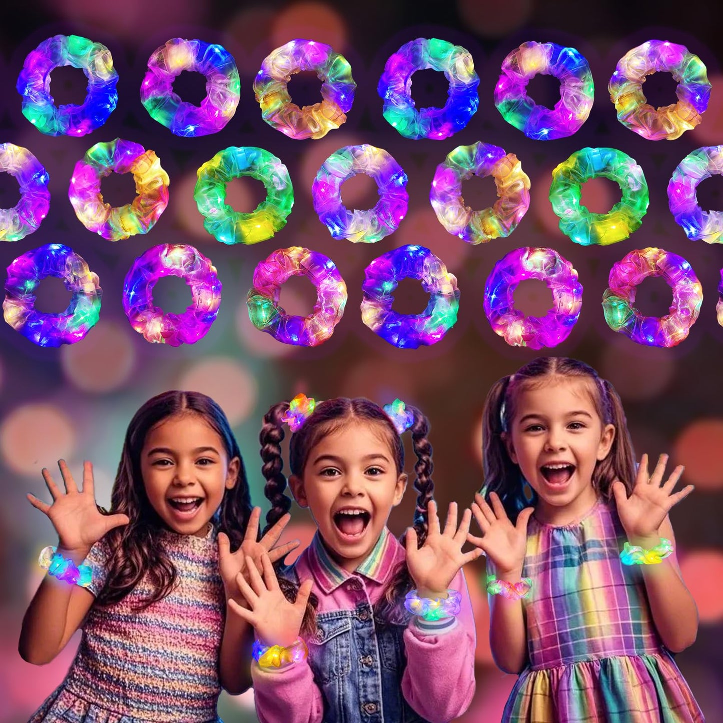18 Pcs Light Up Mermaid Scrunchies, Glow Hair Scrunchy for Girl & Women, Multi Glow Modes, Glow in the Dark Accessories for Rave Neon Slumber Party