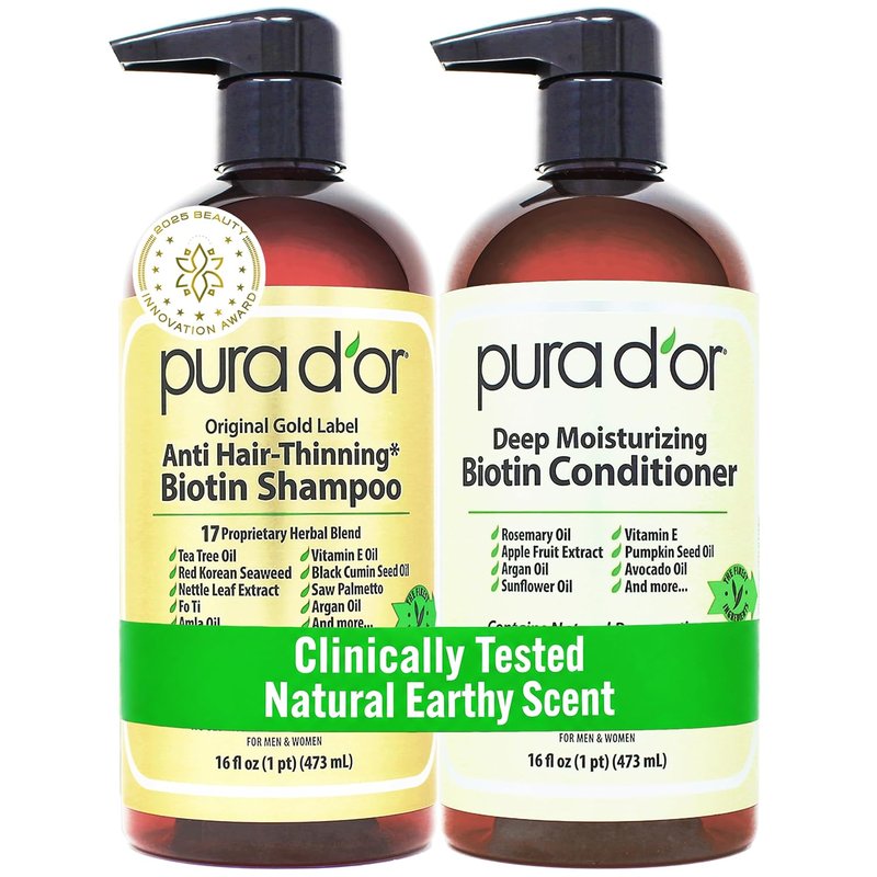 PURA D'OR Anti-Thinning Biotin Shampoo & Conditioner Set - Herbal Blend for Thicker Hair | 16oz x2