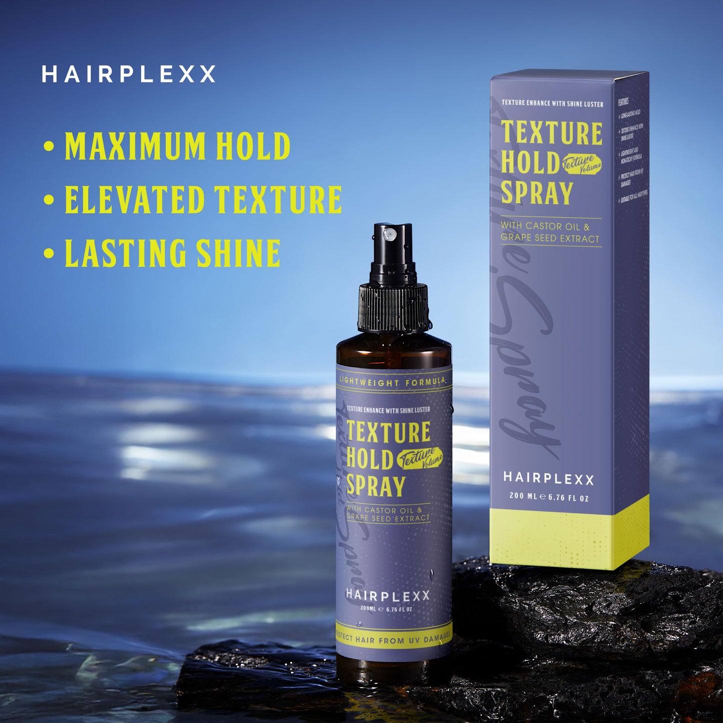 Hairplexx Texture Hold Spray – Daily Hold Styling Spray with Shine | No Residue, Anti-Frizz | Adds Texture, Volume | Humidity-Resistant | Lightweight with Castor Oil & Grape Seed Extract 6.76 oz