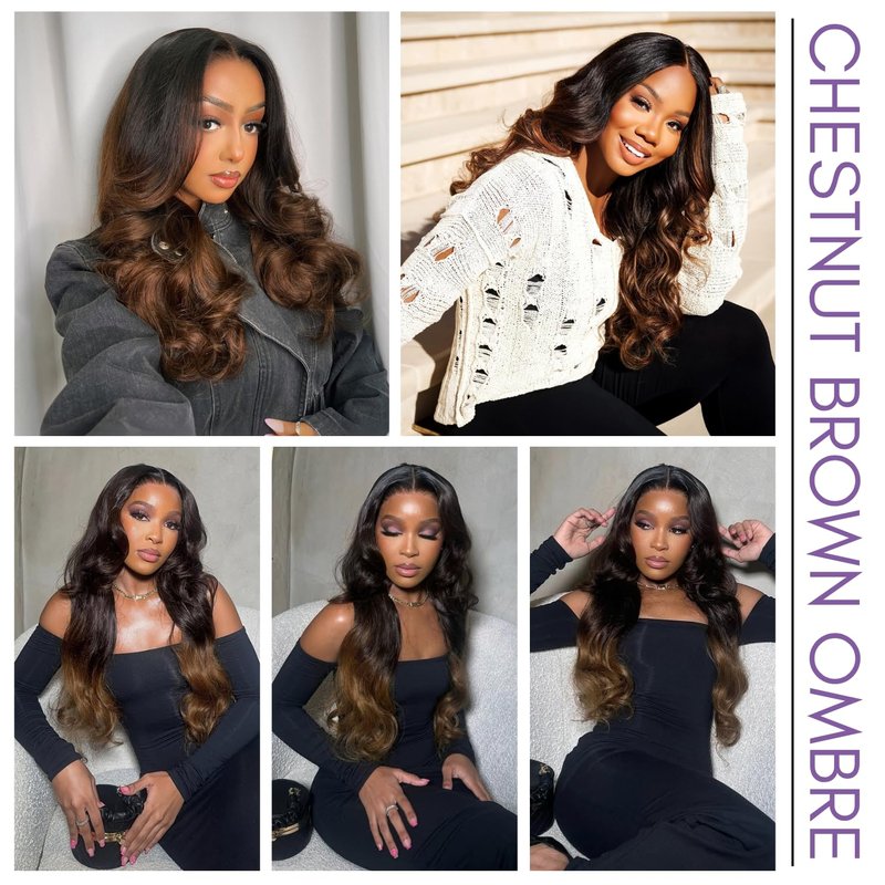 AUROO T1B/2/30 Chestnut Brown Ombre Human Hair Bundles Body Wave, 10A Thick Track 100% Virgin Human Hair Bundles Dark Roots Bundle 3 Tone Ombre Medium Auburn Colored Single Bundle Quick Weaves 12 Inch