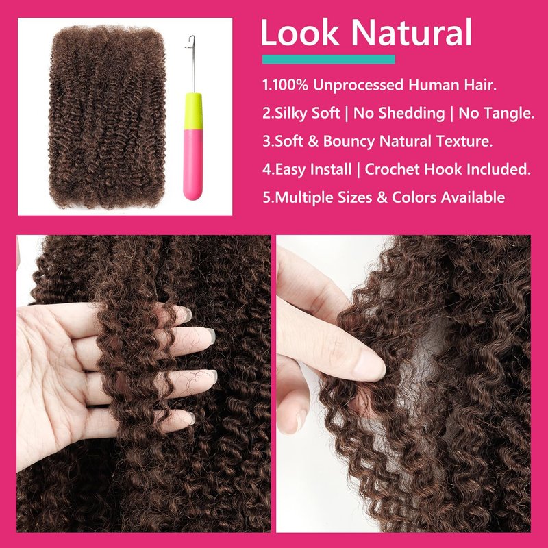 EV&ET Pre-sretched Afro Kinkys Bulk Human Hair Human Hair for Locs/Twists/Braids/Repair Locs Afro Kinky Curly Bulk Can Bleach And Dye(#4,14inch 50g)