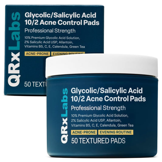 QRxLabs Salicylic & Glycolic Acid Acne Clearing Pads - 2% Salicylic & 10% Glycolic Acid - Exfoliating Pads for Acne, Bacne, Butt Acne, Body Acne - Daily Pads - 50ct