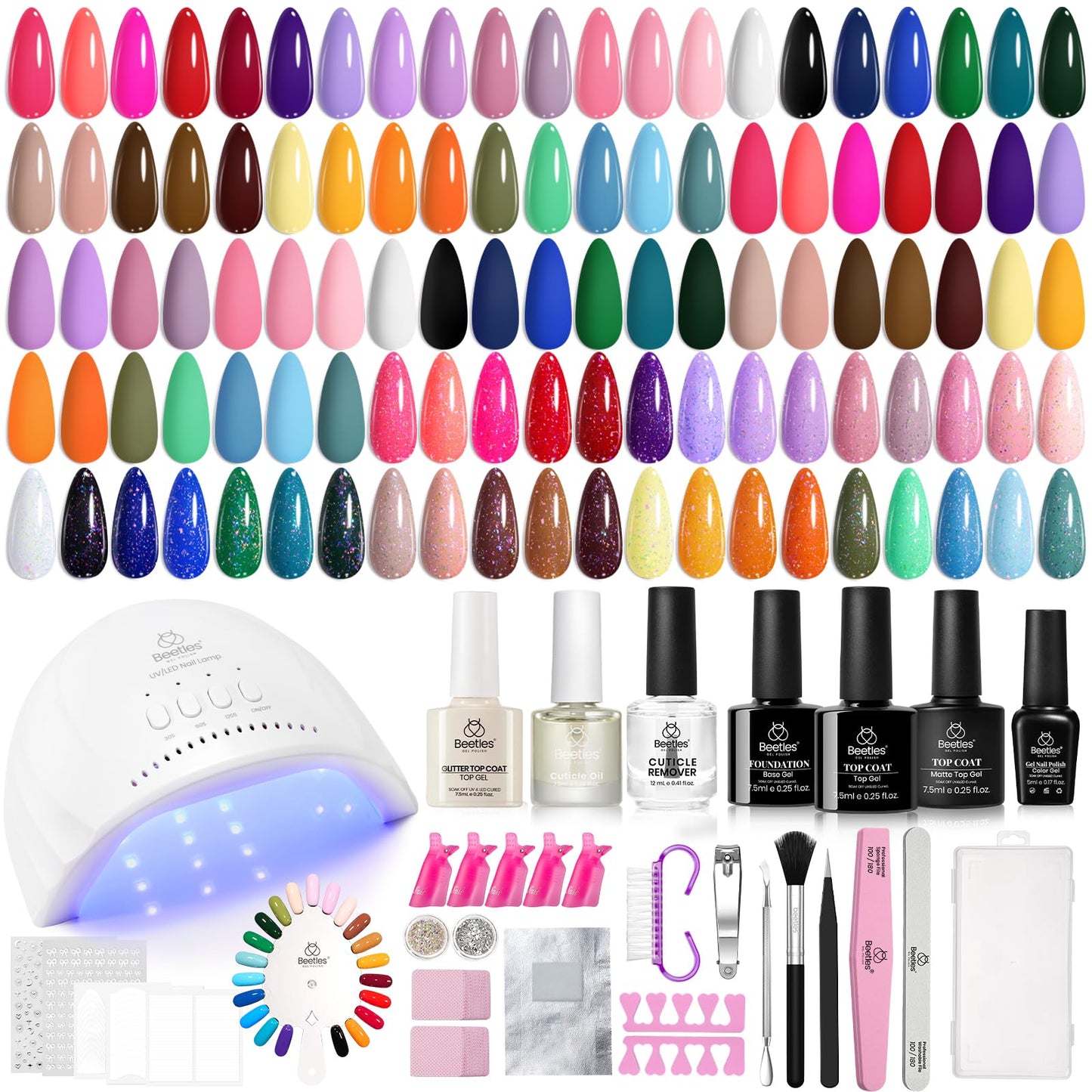Beetles 69 Pcs Gel Nail Polish Kit with U V Light - 35 Colors Gel Polish Nail Kit with with Base & Glossy Top Coat Soak Off DIY Salon Beginner-friendly Manicure Nails Stuff Gifts for Women