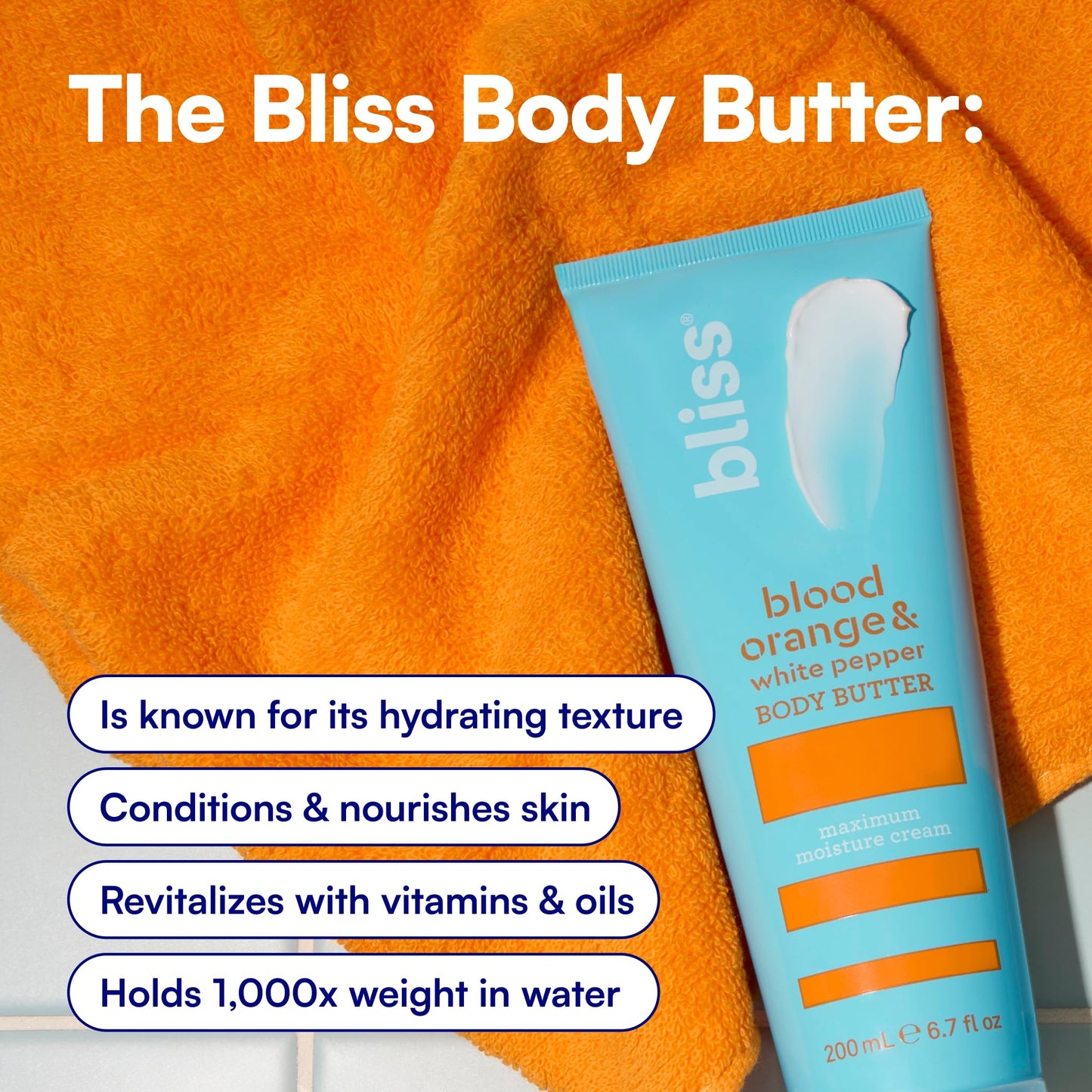 Bliss Body Butter - Blood Orange and White Pepper - Maximum Moisture Cream - 6.7 Fl Oz - Body Lotion for Dry Skin - Long-Lasting Moisturizer for Women & Men - Vegan and Cruelty-Free