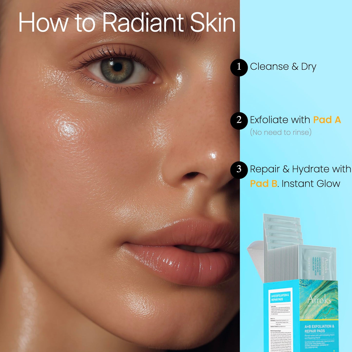 Airoks A+B Exfoliating & Repair Face Pads 30 Tx - 2-Step Acid Peel Serum Treatment with Glycolic, Salicylic, Kojic Acid & Retinol Hyaluronic Peptides for Smooth Skin, Pore Minimizer, Hyperpigmentation