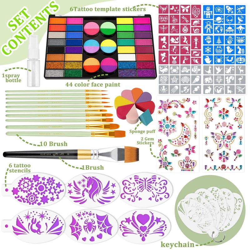 Face Painting Kit – 44 Color Face painting Makeup Kit, Non-toxic Water Activated paint palette with Palette,Stencils, Brushes, Gems, Puff, for Kids Party Cosplay Halloween Christmas Carnival.