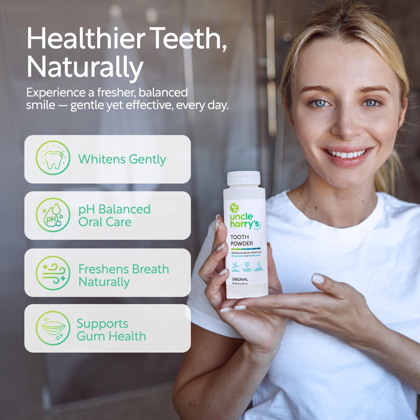 Uncle Harry's All Natural Tooth Powder | Alkalizing Remineralizing Enamel Support & Whitening Toothpaste for Sensitive Teeth | Powder Toothpaste for Gum Health & Fresh Breath (8 oz)