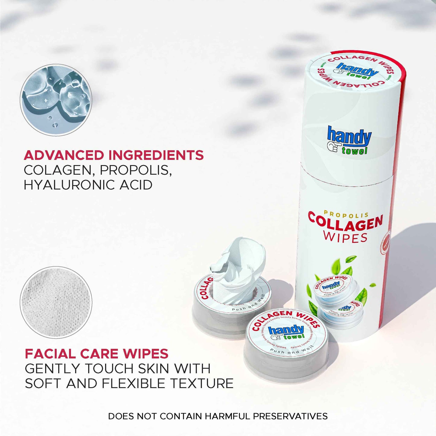 Handy Towel Collagen Facial Care Wipes, Face Care Travel-Size Magic Wipes, Skin Reducing Wrinkles Propolis Towelettes, Hyaluronic Acid Skin Care and Cleanser Wipes Solution, 8 Count