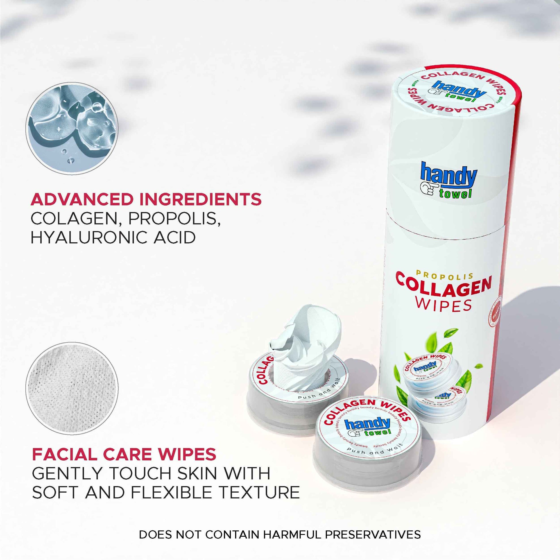 Handy Towel Collagen Facial Care Wipes, Face Care Travel-Size Magic Wipes, Skin Reducing Wrinkles Propolis Towelettes, Hyaluronic Acid Skin Care and Cleanser Wipes Solution, 8 Count