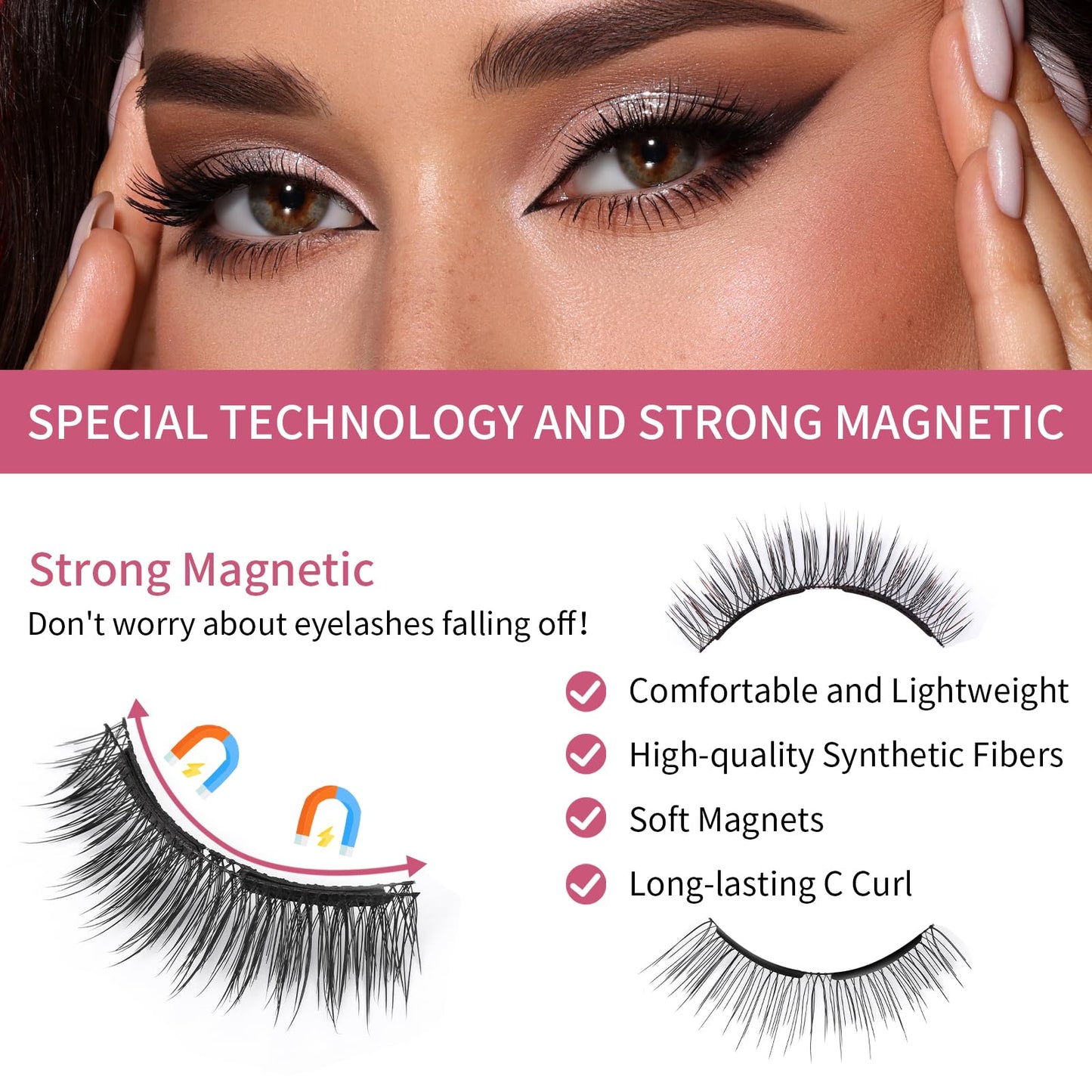 Dual Magnetic Eyelashes, Magnetic Eyelashes Without Eyeliner 4D Natural Look Reusable Easy to Wear, Soft Magnets False Eyelashes with Applicator No Glue, Charming Queen
